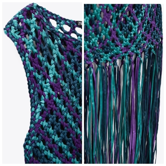 New Zara Satin Effect Woven Braided Fringe Blue Dress/Swim Cover-Up Blogger Fav - Picture 6 of 10